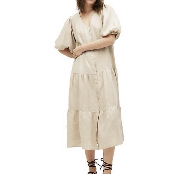 Mango Dresses & Skirts - Mango Women's Puff Sleeve 100%  Linen Beige Midi Button Down Dress Sz XS Casual